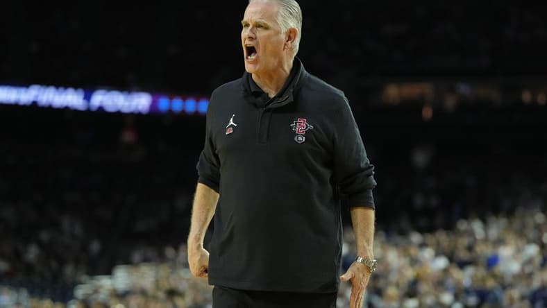 Apr 3, 2023; Houston, TX, USA; San Diego State Aztecs head coach Brian Dutcher reacts after a play against the Connecticut Huskies during the first half in the national championship game of the 2023 NCAA Tournament at NRG Stadium. Mandatory Credit: Bob Donnan-USA TODAY Sports