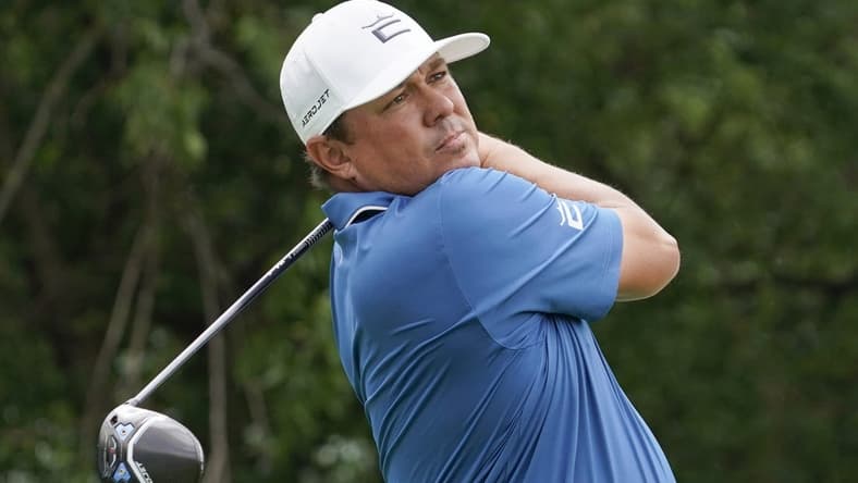 May 11, 2023; McKinney, Texas, USA; Jason Dufner plays his shot from the fifth tee during the first round of the AT&T Byron Nelson golf tournament. Mandatory Credit: Raymond Carlin III-USA TODAY Sports