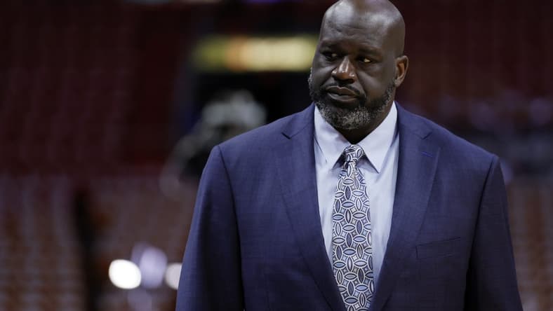 May 23, 2023; Miami, Florida, USA; Shaquille O'Neal looks on before game four between the Miami Heat and the Boston Celtics in the Eastern Conference Finals for the 2023 NBA playoffs at Kaseya Center. Mandatory Credit: Sam Navarro-USA TODAY Sports