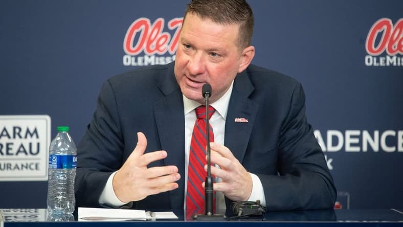 New University of Mississippi basketball coach Chris Beard, left, answers questions from media after a welcoming ceremony at the SJB Pavilion at Ole Miss in Oxford, Miss., Tuesday, March 14, 2023.