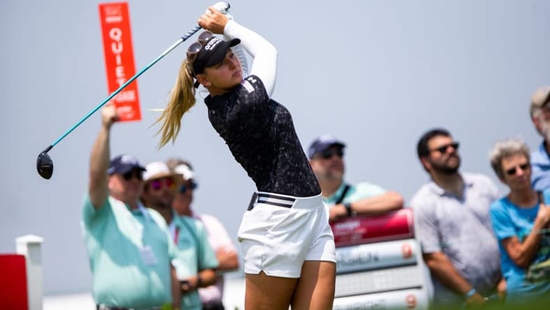 Emily Kristine Pedersen tees off during the third round of the Meijer LPGA Classic Saturday, June 17, 2023, at Blythefield Country Club in Belmont, MI.