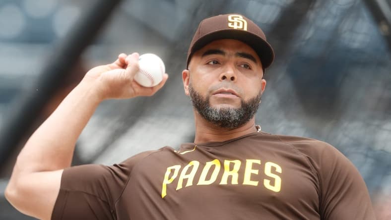 Jun 27, 2023; Pittsburgh, Pennsylvania, USA; San Diego Padres designated hitter Nelson Cruz (32) warms up before the game against the Pittsburgh Pirates at PNC Park. Mandatory Credit: Charles LeClaire-USA TODAY Sports