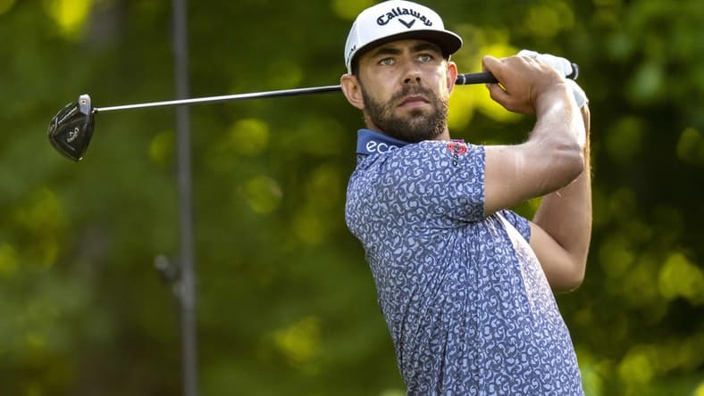 Jul 6, 2023; Silvis, Illinois, USA; Erik van Rooyen tees off on the second hole during the first round of the John Deere Classic golf tournament. Mandatory Credit: Marc Lebryk-USA TODAY Sports