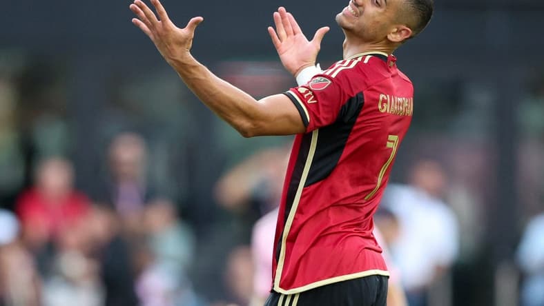 Jul 25, 2023; Fort Lauderdale, FL, USA; Atlanta United FC forward Giorgos Giakoumakis (7) reacts after a play against Inter Miami CF in the first half during a Leagues Cup match at DRV PNK Stadium. Mandatory Credit: Nathan Ray Seebeck-USA TODAY Sports