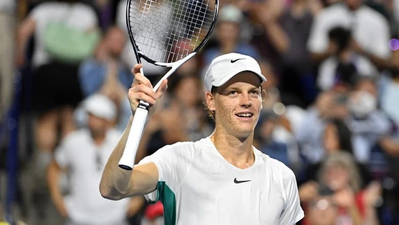 Aug 12, 2023; Toronto, Ontario, Canada; Jannik Sinner (ITA) celebrates after defeating Tommy Paul (USA) (not pictured) in semi-final play at Sobeys Stadium. Mandatory Credit: Dan Hamilton-USA TODAY Sports