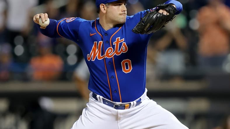 Aug 14, 2023; New York City, New York, USA; New York Mets relief pitcher Adam Ottavino (0) pitches against the Pittsburgh Pirates during the ninth inning at Citi Field. Mandatory Credit: Brad Penner-USA TODAY Sports
