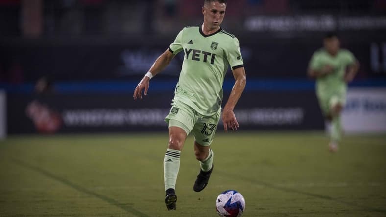 Aug 26, 2023; Frisco, Texas, USA; Austin FC midfielder Ethan Finlay (13) in action during the game between FC Dallas and Austin FC at Toyota Stadium. Mandatory Credit: Jerome Miron-USA TODAY Sports