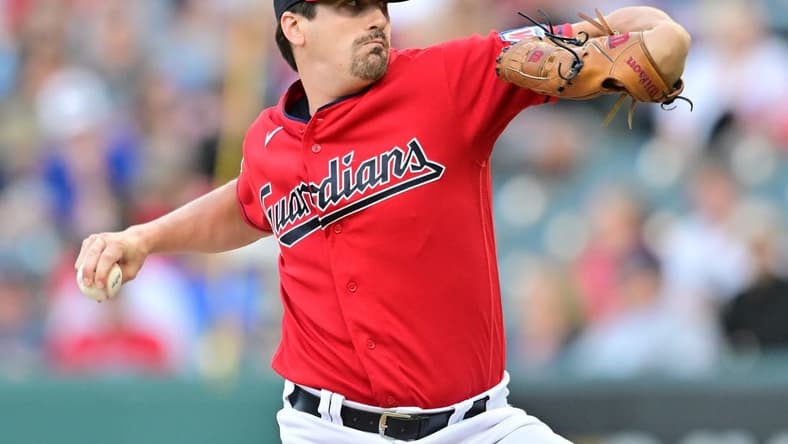 Sep 1, 2023; Cleveland, Ohio, USA; Cleveland Guardians pitcher Cal Quantrill (47) throws a pitch during the first inning against the Tampa Bay Rays at Progressive Field. Mandatory Credit: Ken Blaze-USA TODAY Sports