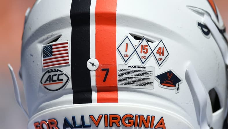 Sep 2, 2023; Nashville, Tennessee, USA; Detail view of helmet stickers on the helmet of Virginia Cavaliers running back Mike Hollins (7) during the second half against the Tennessee Volunteers at Nissan Stadium. Mandatory Credit: Christopher Hanewinckel-USA TODAY Sports