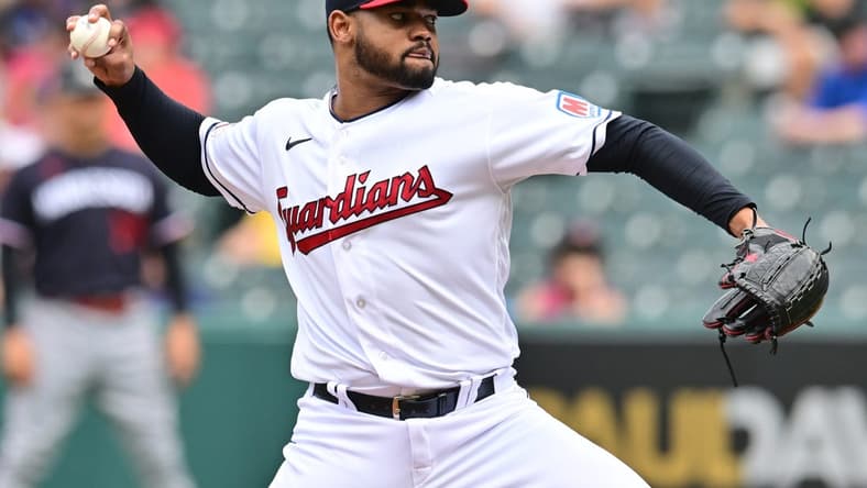 Sep 6, 2023; Cleveland, Ohio, USA; Cleveland Guardians pitcher Reynaldo Lopez throws a pitch during the seventh inning against the Minnesota Twins at Progressive Field. Mandatory Credit: Ken Blaze-USA TODAY Sports