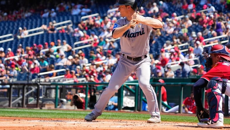 Sep 3, 2023; Washington, District of Columbia, USA; Miami Marlins shortstop Joey Wendle (18) at bat against the Washington Nationals during the first inning at Nationals Park. Mandatory Credit: Gregory Fisher-USA TODAY Sports