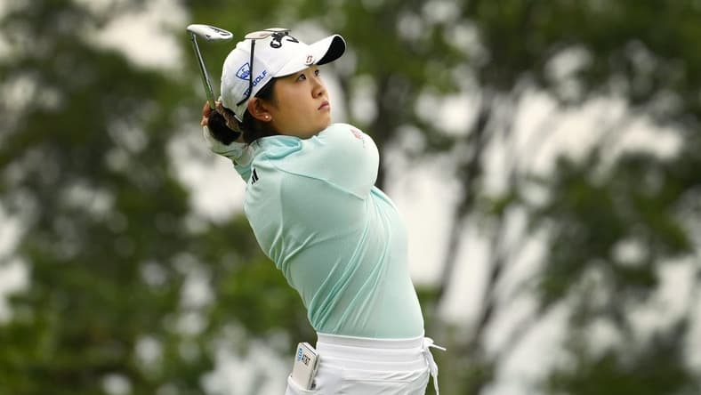 Sep 8, 2023; Madeira, OH, USA; Rose Zhang, Irvine, Calif., tees off the 14th hole in the 2023 Kroger Queen City Championship presented by P&G at Kenwood Country Club in Madeira, Ohio, Friday, Sept. 8, 2023. Mandatory Credit: Liz Dufour-USA TODAY Sports