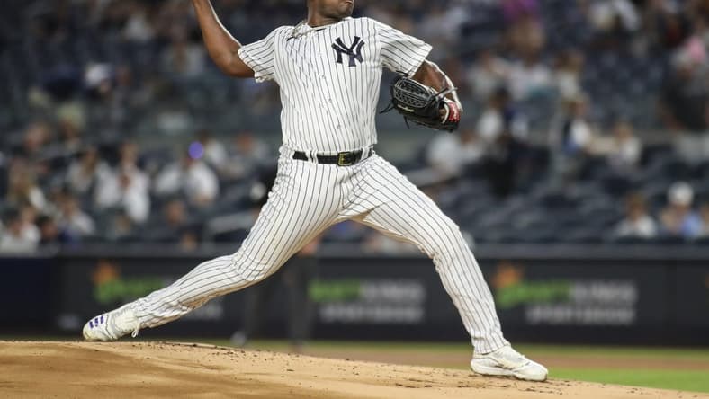 Sep 8, 2023; Bronx, New York, USA;  New York Yankees starting pitcher Luis Severino (40) pitches in the first inning against the Milwaukee Brewers at Yankee Stadium. Mandatory Credit: Wendell Cruz-USA TODAY Sports