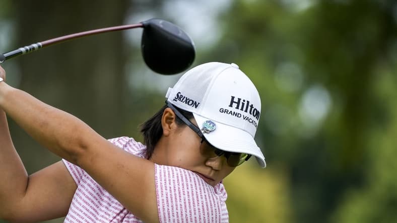 Sep 9, 2023; Cincinnati, Ohio, USA; Nasa Hataoka, of Ibararaki, Japan, hits a drive on the second hole at the 2023 Kroger Queen City Championship presented by P&G at Kenwood Country Club. Mandatory Credit: Carter Skaggs/The Enquirer-USA TODAY Sports