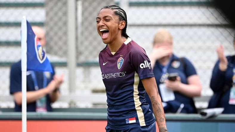 Sep 9, 2023; Cary, North Carolina, USA; North Carolina Courage forward Kerolin Nicoli (9) celebrates after scoring a goal against the Racing Louisville FC in the first half at WakeMed Soccer Park. Mandatory Credit: Bob Donnan-USA TODAY Sports