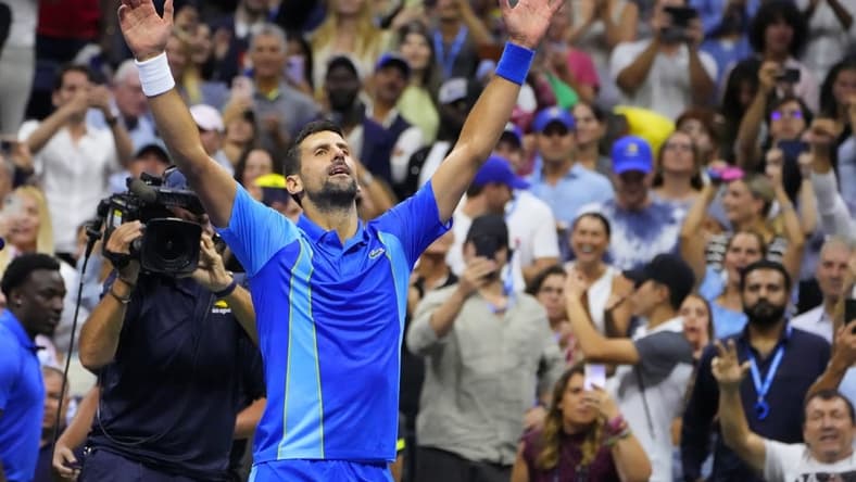 Sep 10, 2023; Flushing, NY, USA; Novak Djokovic of Serbia celebrates after match point against Daniil Medvedev (not pictured) in the men's singles final on day fourteen of the 2023 U.S. Open tennis tournament at USTA Billie Jean King National Tennis Center. Mandatory Credit: Robert Deutsch-USA TODAY Sports