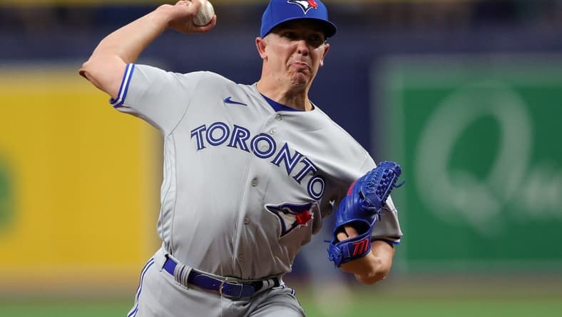 Sep 23, 2023; St. Petersburg, Florida, USA; Toronto Blue Jays relief pitcher Chad Green (37) throws a pitch against the Tampa Bay Rays in the sixth inning at Tropicana Field. Mandatory Credit: Nathan Ray Seebeck-USA TODAY Sports