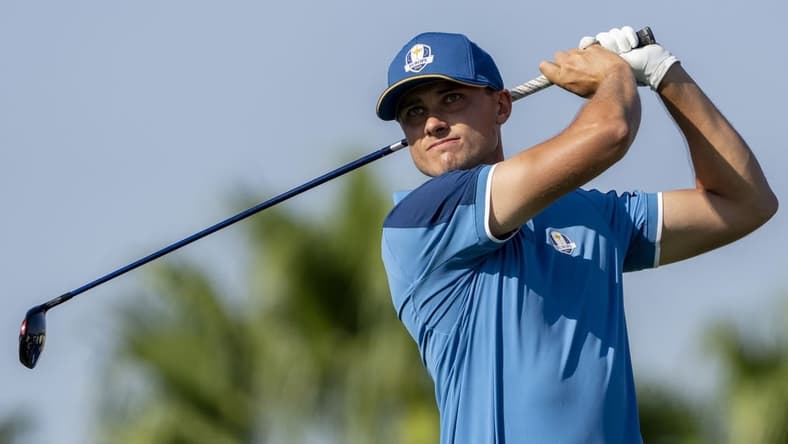 September 27, 2023; Rome, ITA; Team Europe golfer Ludvig Aberg hits his tee shot on the 10th hole during a practice day for the Ryder Cup golf competition at Marco Simone Golf and Country Club. Mandatory Credit: Kyle Terada-USA TODAY Sports