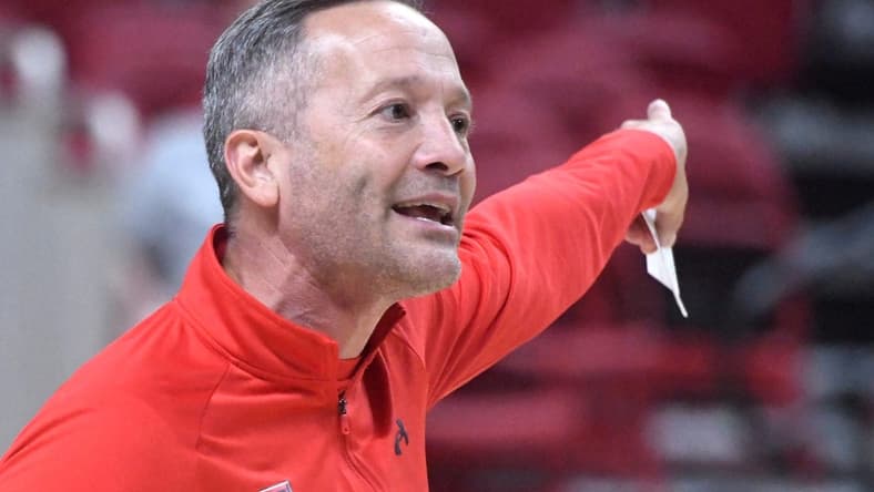 Texas Tech's head men's basketball coach Grant McCasland gives instructions during the team's first practice, Thursday, Sept. 28, 2023, at the United Supermarkets Arena.