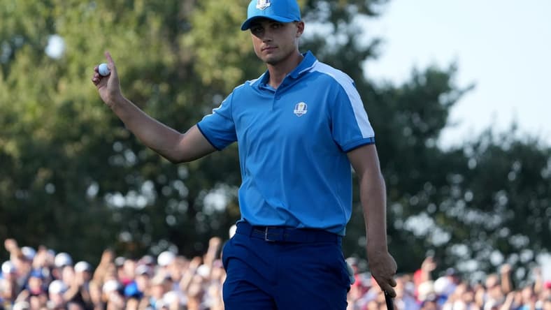 Sep 29, 2023; Rome, ITA; Team Europe golfer Ludvig Aberg celebrates after making his putt on the ninth green during day one foursomes round for the 44th Ryder Cup golf competition at Marco Simone Golf and Country Club. Mandatory Credit: Kyle Terada-USA TODAY Sports