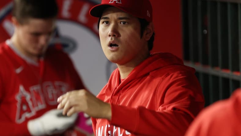 Sep 30, 2023; Anaheim, California, USA; Los Angeles Angels two-way player Shohei Ohtani (17) in the dugout during the game against the Oakland Athletics at Angel Stadium. Mandatory Credit: Kiyoshi Mio-USA TODAY Sports