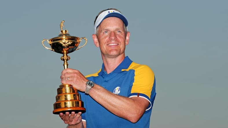 Oct 1, 2023; Rome, ITA; Team Europe captain Luke Donald poses with the Ryder Cup after Team Europe beat Team USA during the final day of the 44th Ryder Cup golf competition at Marco Simone Golf and Country Club. Mandatory Credit: Kyle Terada-USA TODAY Sports