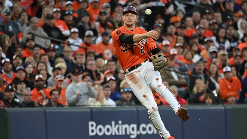 Oct 8, 2023; Baltimore, Maryland, USA; Baltimore Orioles third baseman Gunnar Henderson (2) throws to first base during game two of the ALDS for the 2023 MLB playoffs against the Texas Rangers at Oriole Park at Camden Yards. Mandatory Credit: Tommy Gilligan-USA TODAY Sports
