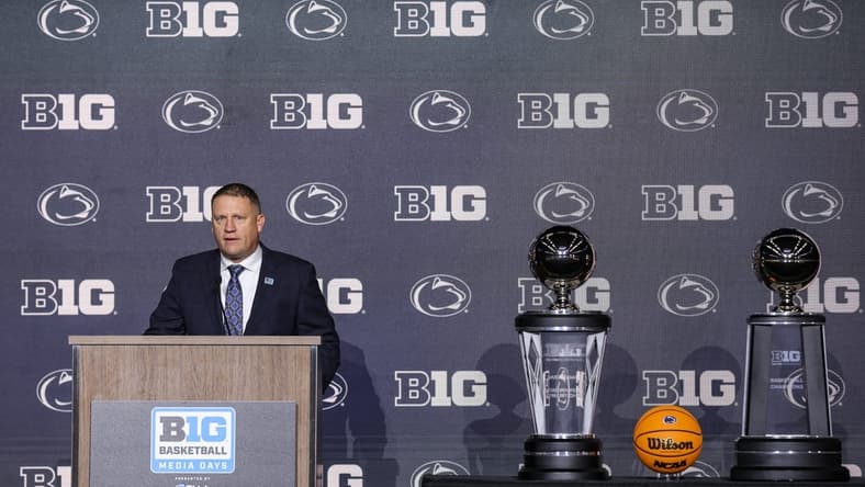 Oct 10, 2023; Minneapolis, MN, USA; Penn State Nittany Lions head coach Mike Rhoades speaks to the media during the Big Ten basketball media days at Target Center. Mandatory Credit: Matt Krohn-USA TODAY Sports