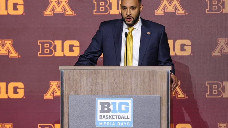 Oct 10, 2023; Minneapolis, MN, USA; Minnesota Golden Gophers head coach Ben Johnson speaks to the media during the Big Ten basketball media days at Target Center. Mandatory Credit: Matt Krohn-USA TODAY Sports