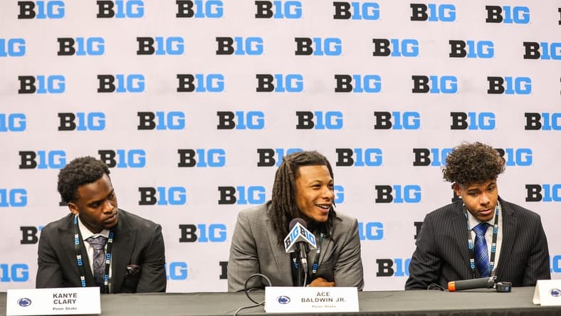 Oct 10, 2023; Minneapolis, MN, USA; Penn State Nittany Lions players Kanye Clary, Ace Baldwin Jr. and Puff Johnson speak to the media during the Big Ten basketball media days at Target Center. Mandatory Credit: Matt Krohn-USA TODAY Sports