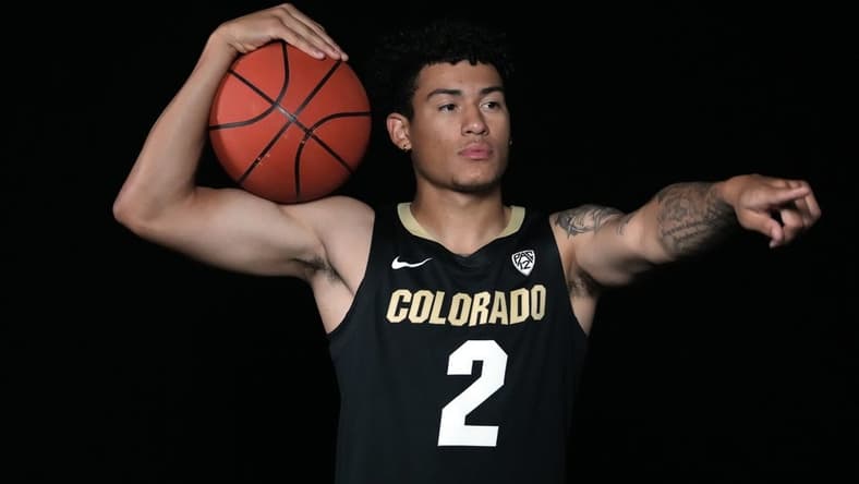Oct 11, 2023; Las Vegas, NV, USA; Colorado Buffaloes guard KJ Simpson (2) poses during Pac-12 Media Day at Park MGM Las Vegas Conference Center. Mandatory Credit: Kirby Lee-USA TODAY Sports