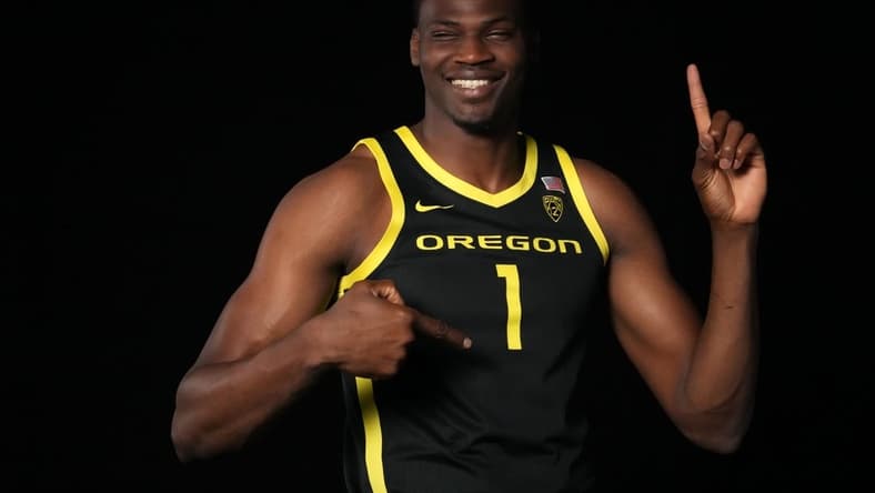 Oct 11, 2023; Las Vegas, NV, USA; Oregon Ducks center N'Faly Dante (1) poses during Pac-12 Media Day at Park MGM Las Vegas Conference Center. Mandatory Credit: Kirby Lee-USA TODAY Sports