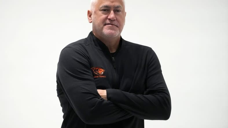 Oct 11, 2023; Las Vegas, NV, USA; Oregon State Beavers coach Wayne Tinkle poses during Pac-12 Media Day at Park MGM Las Vegas Conference Center. Mandatory Credit: Kirby Lee-USA TODAY Sports