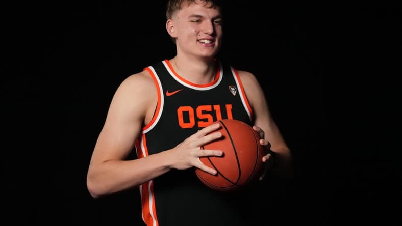 Oct 11, 2023; Las Vegas, NV, USA; Oregon State Beavers forward Tyler Bilodeau (34) poses during Pac-12 Media Day at Park MGM Las Vegas Conference Center. Mandatory Credit: Kirby Lee-USA TODAY Sports