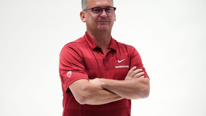 Oct 11, 2023; Las Vegas, NV, USA; Washington State Cougars coach Kyle Smith poses during Pac-12 Media Day at Park MGM Las Vegas Conference Center. Mandatory Credit: Kirby Lee-USA TODAY Sports