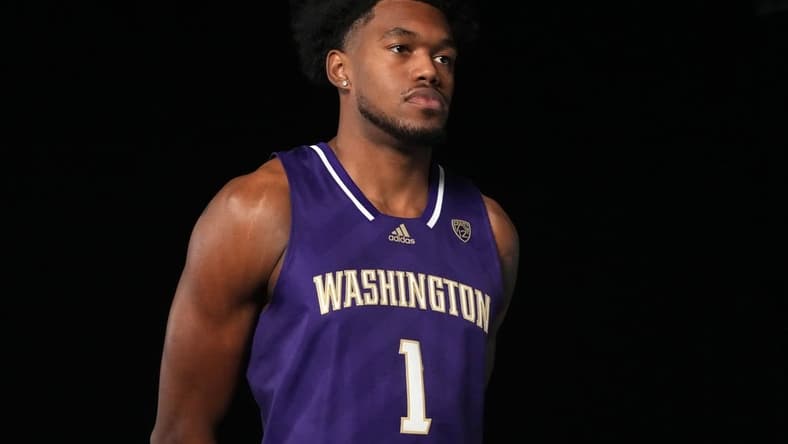 Oct 11, 2023; Las Vegas, NV, USA; Washington Huskies forward Keion Brooks Jr. (1) poses during Pac-12 Media Day at Park MGM Las Vegas Conference Center. Mandatory Credit: Kirby Lee-USA TODAY Sports