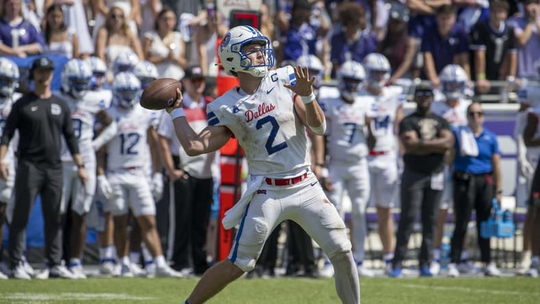 Sep 23, 2023; Fort Worth, Texas, USA; SMU Mustangs quarterback Preston Stone (2) in action during the game between the TCU Horned Frogs and the SMU Mustangs at Amon G. Carter Stadium. Mandatory Credit: Jerome Miron-USA TODAY Sports