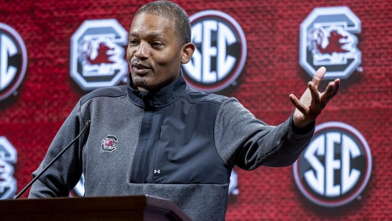Oct 18, 2023; Brimingham, AL, USA; South Carolina Gamecocks head coach Lamont Paris talks with the media during the SEC Basketball Tipoff at Grand Bohemian Hotel Mountain Brook. Mandatory Credit: Vasha Hunt-USA TODAY Sports