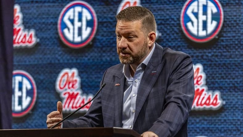 Oct 18, 2023; Brimingham, AL, USA; Mississippi Rebels head coach Chris Beard talks with the media during the SEC Basketball Tipoff at Grand Bohemian Hotel Mountain Brook. Mandatory Credit: Vasha Hunt-USA TODAY Sports