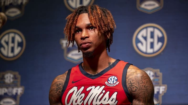 Oct 18, 2023; Brimingham, AL, USA; Mississippi Rebels guard Allen Flanigan talks with the media during the SEC Basketball Tipoff at Grand Bohemian Hotel Mountain Brook. Mandatory Credit: Vasha Hunt-USA TODAY Sports