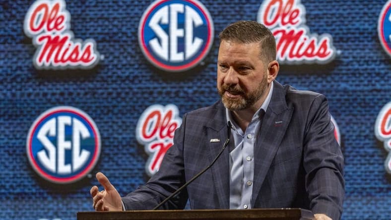 Oct 18, 2023; Brimingham, AL, USA; Mississippi Rebels head coach Chris Beard talks with the media during the SEC Basketball Tipoff at Grand Bohemian Hotel Mountain Brook. Mandatory Credit: Vasha Hunt-USA TODAY Sports