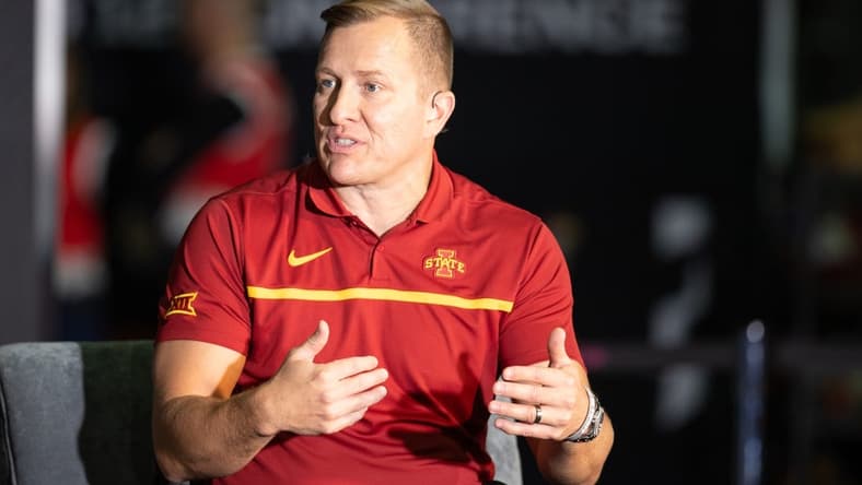 Oct 18, Kansas City, MO, USA; Iowa State head coach T.J. Otzelberger speaks on Big 12 Now on ESPN at the Big 12 Men s Basketball Tipoff at T-Mobile Center. Mandatory Credit: Kylie Graham-USA TODAY Sports