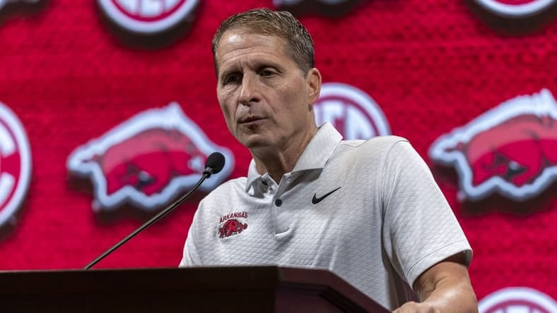 Oct 18, 2023; Brimingham, AL, USA; Arkansas Razorbacks head coach Eric Musselman talks with the media during the SEC Basketball Tipoff at Grand Bohemian Hotel Mountain Brook. Mandatory Credit: Vasha Hunt-USA TODAY Sports