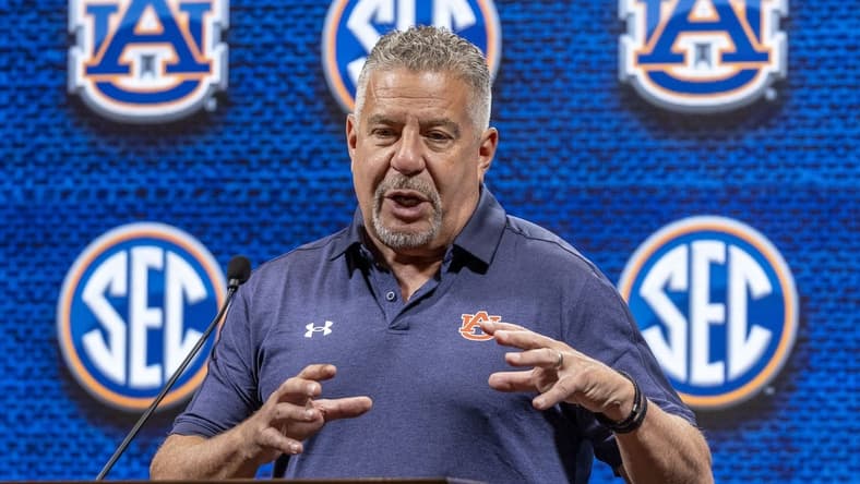 Oct 18, 2023; Birmingham, AL, USA; Auburn Tigers head coach Bruce Pearl talks with the media during the SEC Basketball Tipoff at Grand Bohemian Hotel Mountain Brook. Mandatory Credit: Vasha Hunt-USA TODAY Sports
