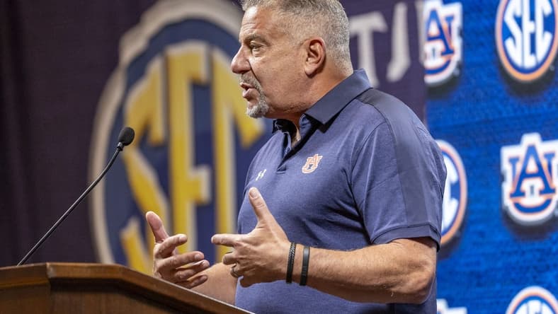 Oct 18, 2023; Birmingham, AL, USA; Auburn Tigers head coach Bruce Pearl talks with the media during the SEC Basketball Tipoff at Grand Bohemian Hotel Mountain Brook. Mandatory Credit: Vasha Hunt-USA TODAY Sports