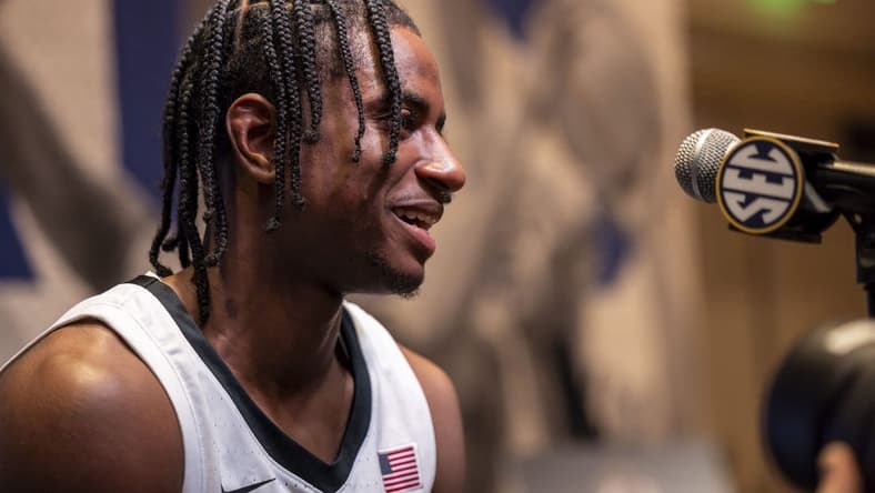 Oct 18, 2023; Birmingham, AL, USA; Vanderbilt Commodores guard Ezra Manjon talks with the media during the SEC Basketball Tipoff at Grand Bohemian Hotel Mountain Brook. Mandatory Credit: Vasha Hunt-USA TODAY Sports