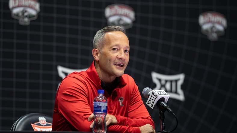 Oct 18, Kansas City, MO, USA; Texas Tech head coach Grant McCasland answers questions at the Big 12 Men s Basketball Tipoff at T-Mobile Center. Mandatory Credit: Kylie Graham-USA TODAY Sports