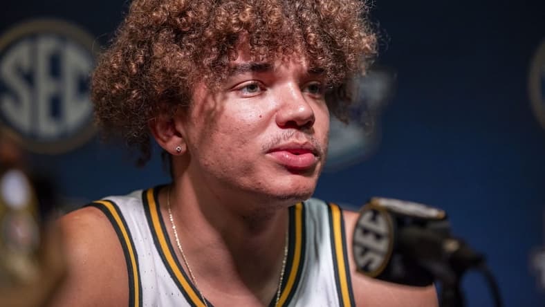Oct 18, 2023; Birmingham, AL, USA; Missouri Tigers forward Noah Carter talks with the media during the SEC Basketball Tipoff at Grand Bohemian Hotel Mountain Brook. Mandatory Credit: Vasha Hunt-USA TODAY Sports