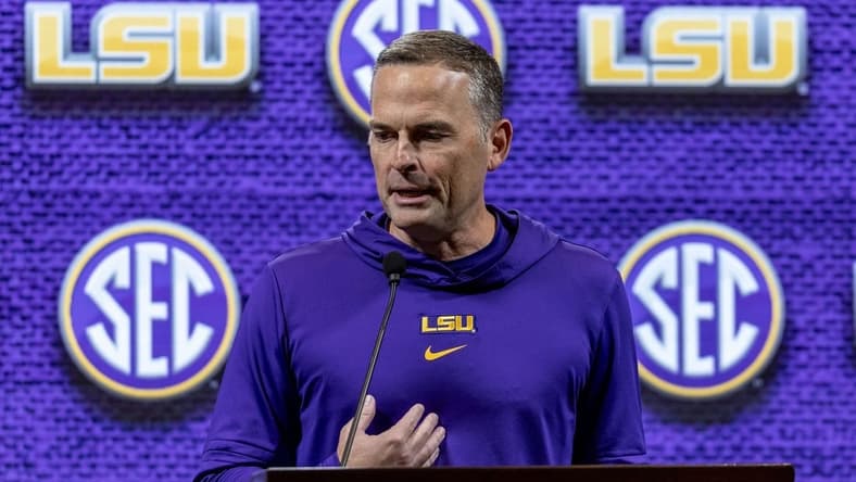 Oct 18, 2023; Birmingham, AL, USA; LSU Tigers head coach Matt McMahon talks with the media during the SEC Basketball Tipoff at Grand Bohemian Hotel Mountain Brook. Mandatory Credit: Vasha Hunt-USA TODAY Sports