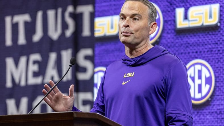 Oct 18, 2023; Birmingham, AL, USA; LSU Tigers head coach Matt McMahon talks with the media during the SEC Basketball Tipoff at Grand Bohemian Hotel Mountain Brook. Mandatory Credit: Vasha Hunt-USA TODAY Sports
